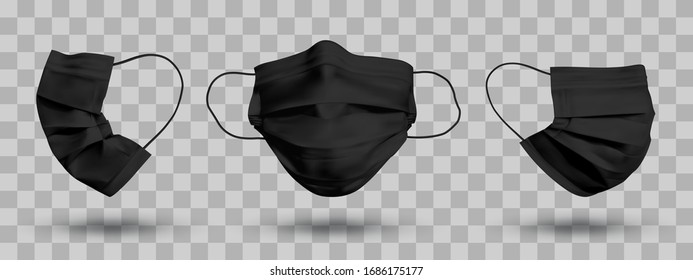 Black protective face mask or medical mask. To protect coronavirus and infection. Medical mask set isolated on transparent background. Realistic vector illustration