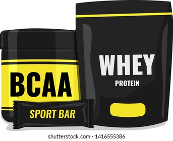 Black protein and BCAA packs. Sports nutrition, fitness concept. Vector illustration