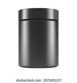 Black protein jar mockup. Sport supplement glossy plastic pack. Cylinder can for sport nutrition, bcaa vitamin tablets, bodybuilding or fitness nutrient. Premium black packaging, 3d vector