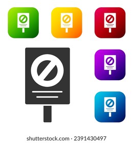Black Protest icon isolated on white background. Meeting, protester, picket, speech, banner, protest placard, petition, leader, leaflet. Set icons in color square buttons. Vector
