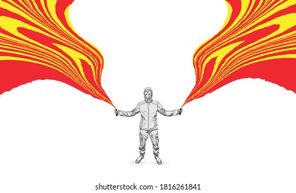Black protestor with smoke bombs with red fire smoke. Demonstration activist in the mask and glasses at protest raised arms fists holding fires. Revolution, fight for your rights blm concept. Vector.