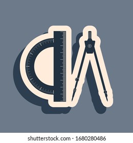 Black Protractor and drawing compass icon isolated on grey background. Drawing professional instrument. Geometric equipment. Education sign. Long shadow style. Vector Illustration