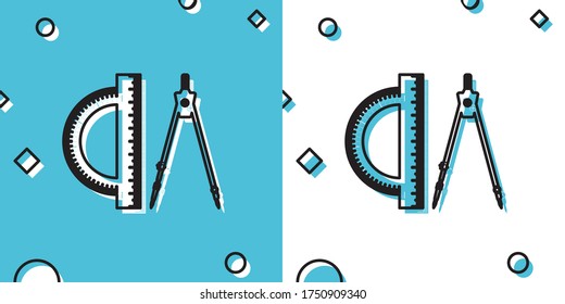 Icono de la brújula de dibujo y del protractor negro aislado en fondo azul y blanco. Instrumento profesional de dibujo. Equipo geométrico. Señal de educación. Formas dinámicas aleatorias. Ilustración vectorial