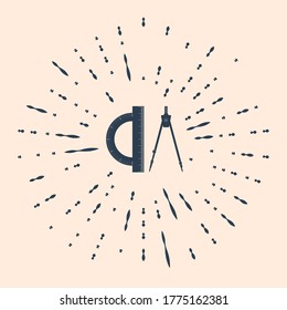 Black Protractor and drawing compass icon isolated on beige background. Drawing professional instrument. Geometric equipment. Education sign. Abstract circle random dots. Vector Illustration