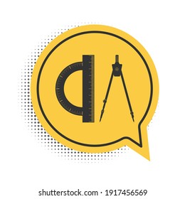 Black Protractor and drawing compass icon isolated on white background. Drawing professional instrument. Geometric equipment. Education sign. Yellow speech bubble symbol. Vector.