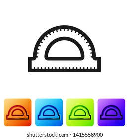 Black Protractor grid for measuring degrees icon isolated on white background. Tilt angle meter. Measuring tool. Geometric symbol. Set icon in color square buttons. Vector Illustration