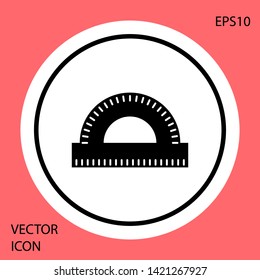 Black Protractor grid for measuring degrees icon isolated on red background. Tilt angle meter. Measuring tool. Geometric symbol. White circle button. Vector Illustration