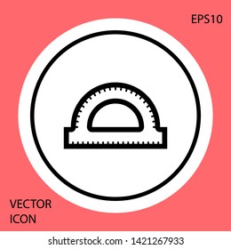 Black Protractor grid for measuring degrees icon isolated on red background. Tilt angle meter. Measuring tool. Geometric symbol. White circle button. Vector Illustration
