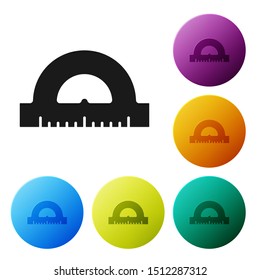 Black Protractor grid for measuring degrees icon isolated on white background. Tilt angle meter. Measuring tool. Geometric symbol. Set icons colorful circle buttons. Vector Illustration