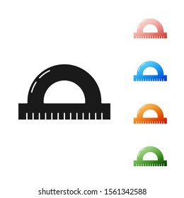 Black Protractor grid for measuring degrees icon isolated on white background. Tilt angle meter. Measuring tool. Geometric symbol. Set icons colorful. Vector Illustration