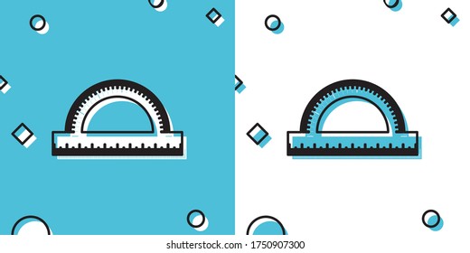 Cuadrícula de protractor negro para medir el icono de grados aislados en fondo azul y blanco. Medidor de ángulo de inclinación. Herramienta de medición. Símbolo geométrico. Formas dinámicas aleatorias. Ilustración vectorial