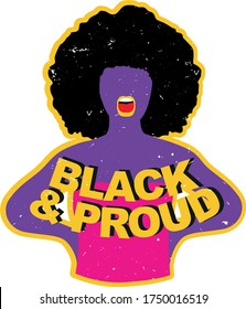 Black and Proud. Black Lives Matter with proud fist, black history pride symbol, prejudice and discrimination activism sticker vector illustration, african american, people of color, power, justice