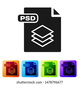 Black PSD file document. Download psd button icon isolated on white background. PSD file symbol. Set icons in color square buttons. Vector Illustration