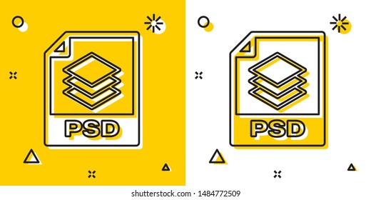 Black PSD file document. Download psd button icon isolated on yellow and white background. PSD file symbol. Random dynamic shapes. Vector Illustration