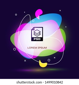 Black PSD File Document. Download Psd Button Icon Isolated On Dark Blue Background. PSD File Symbol. Abstract Banner With Liquid Shapes. Vector Illustration