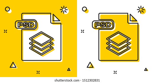 Black PSD file document. Download psd button icon isolated on yellow and white background. PSD file symbol. Random dynamic shapes. Vector Illustration