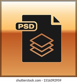 Black PSD file document. Download psd button icon isolated on gold background. PSD file symbol.  Vector Illustration