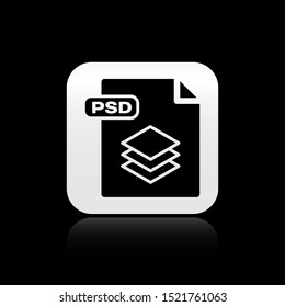 Black PSD file document. Download psd button icon isolated on black background. PSD file symbol. Silver square button. Vector Illustration