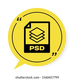 Black PSD file document. Download psd button icon isolated on white background. PSD file symbol. Yellow speech bubble symbol. Vector Illustration