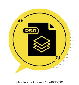 Black PSD file document. Download psd button icon isolated on white background. PSD file symbol. Yellow speech bubble symbol. Vector Illustration