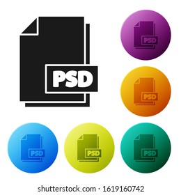 Black PSD file document. Download psd button icon isolated on white background. PSD file symbol. Set icons colorful circle buttons. Vector Illustration