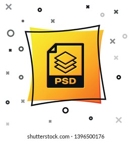 Black PSD file document icon. Download psd button icon isolated on white background. PSD file symbol. Yellow square button. Vector Illustration