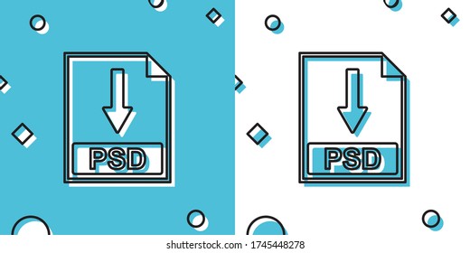 Black PSD file document icon. Download PSD button icon isolated on blue and white background. Random dynamic shapes. Vector Illustration