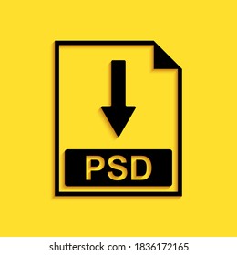 Black PSD file document icon. Download PSD button icon isolated on yellow background. Long shadow style. Vector.