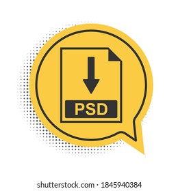 Black PSD file document icon. Download PSD button icon isolated on white background. Yellow speech bubble symbol. Vector.