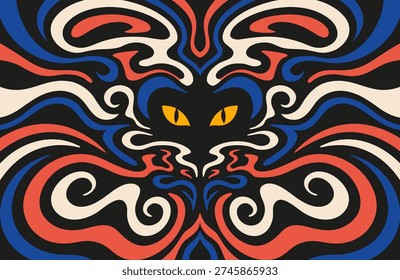 Black psychedelic background with fluid, swirling lines and vivid glowing cat eyes at the center. Hypnotic abstract design with vibrant colors, mystical atmosphere, and surreal fantasy mood.