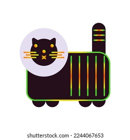Gato psicodélico negro con trazo arco iris vintage ilustración vectorial de cincuenta años. Elementos de color claro. Gato multicolor de estilo popular. Doodle aislado sobre un fondo blanco. Collarín en el cuello.
