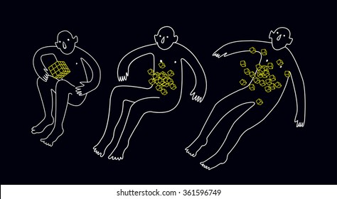 Black psychedelic illustration with man flying in weightless