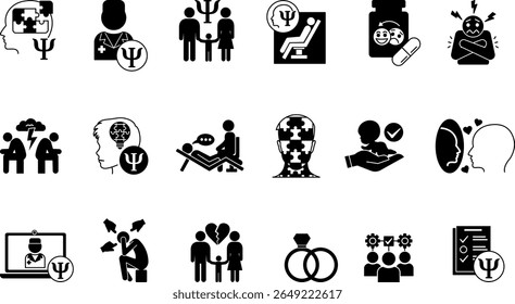 Black Psychology Icon Set. Vector Illustrations Family Psychology, Psychologist, Divorce, Child Psychology, Marriage, Antidepressants, Adoption, Complexes, Fears, Conflicts, Ego, and Others