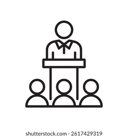Black Public Speaking Icon Featuring a Presenter at a Podium Addressing an Audience Representing Leadership, Communication, Editable Vector Illustration Isolated on a White Background