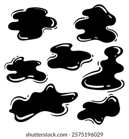 Black puddles, blots, ink stains. Simple black and white set of vector elements, abstract shapes. Editable templates for design