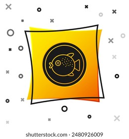 Black Puffer fish on a plate icon isolated on white background. Fugu fish japanese puffer fish. Yellow square button. Vector