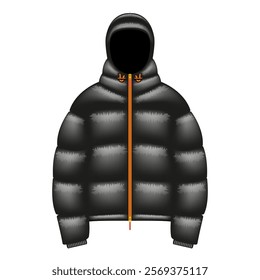 Jaqueta de baiacu preto com um capuz vetor de visão frontal mockup, jaqueta para baixo isolado no fundo branco, design de moda de demi-temporada moderno, ideal para tendências de roupas de inverno, vitrines de vestuário.
