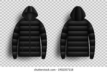 Black puffer jacket mockup set, vector illustration isolated on transparent background. Realistic modern hooded down jacket, padded coat, front and back view. svg