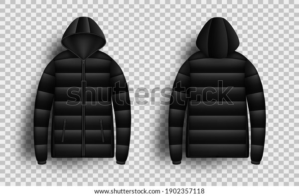 Black puffer jacket mockup\
set, vector illustration isolated on transparent background.\
Realistic modern hooded down jacket, padded coat, front and back\
view.