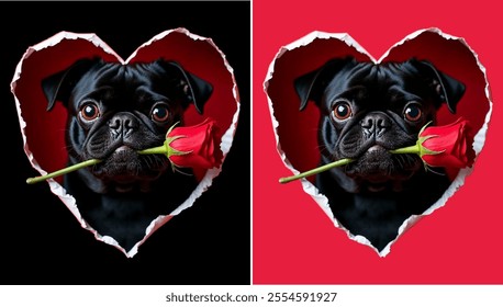 BLACK Pug Dog Rose Heart Valentines Day Couple Men Women T-Shirt