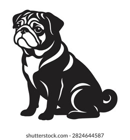 A black pug dog sits and looks up with sad eyes, a cute and endearing pet portrait illustration