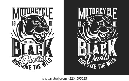 Black puma mascot, biker and motorcycle club t-shirt print, vector sport racing emblem. Motocross or bike races and speedway sport club mascot of puma or cougar panther for chopper riders club sign