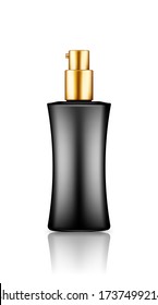 Black pump bottle realistic mockup with gold cap: lotion, disinfectant, cream, sanitizer. Plastic package design. Blank cosmetic, hygiene, skin care template. 3d vector illustration isolated on white