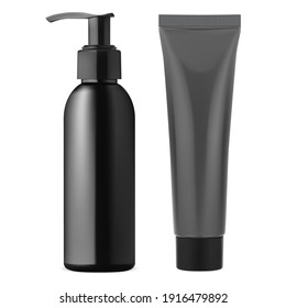 Black pump dispenser bottle. Plastic cream tube. Beauty lotion container, face skin care gel. Makeup cleanser cosmetics, realistic isolated jar blank. Black cosmetic tube set