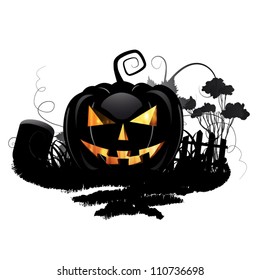 Black pumpkin and cemetery over white