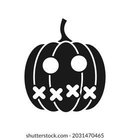 Black pumpkin with dead face. Flat cartoon vector illustration