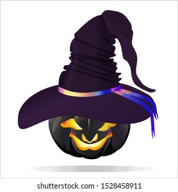 black pumpkin for Halloween in witch cap. Isolated on white background. Vector illustration.