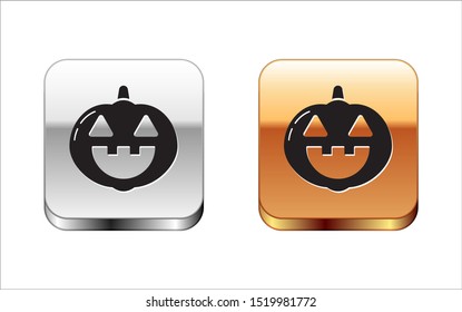 Black Pumpkin icon isolated on white background. Happy Halloween party. Silver-gold square button. Vector Illustration