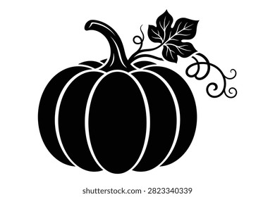 Black pumpkin illustration featuring a vine and leaf on transparent background