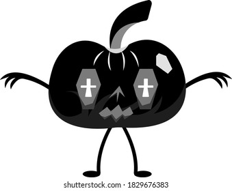 black pumpkin monster cartoon character for halloween with eyes in the shape of a coffin object on white background concept of autumn holiday